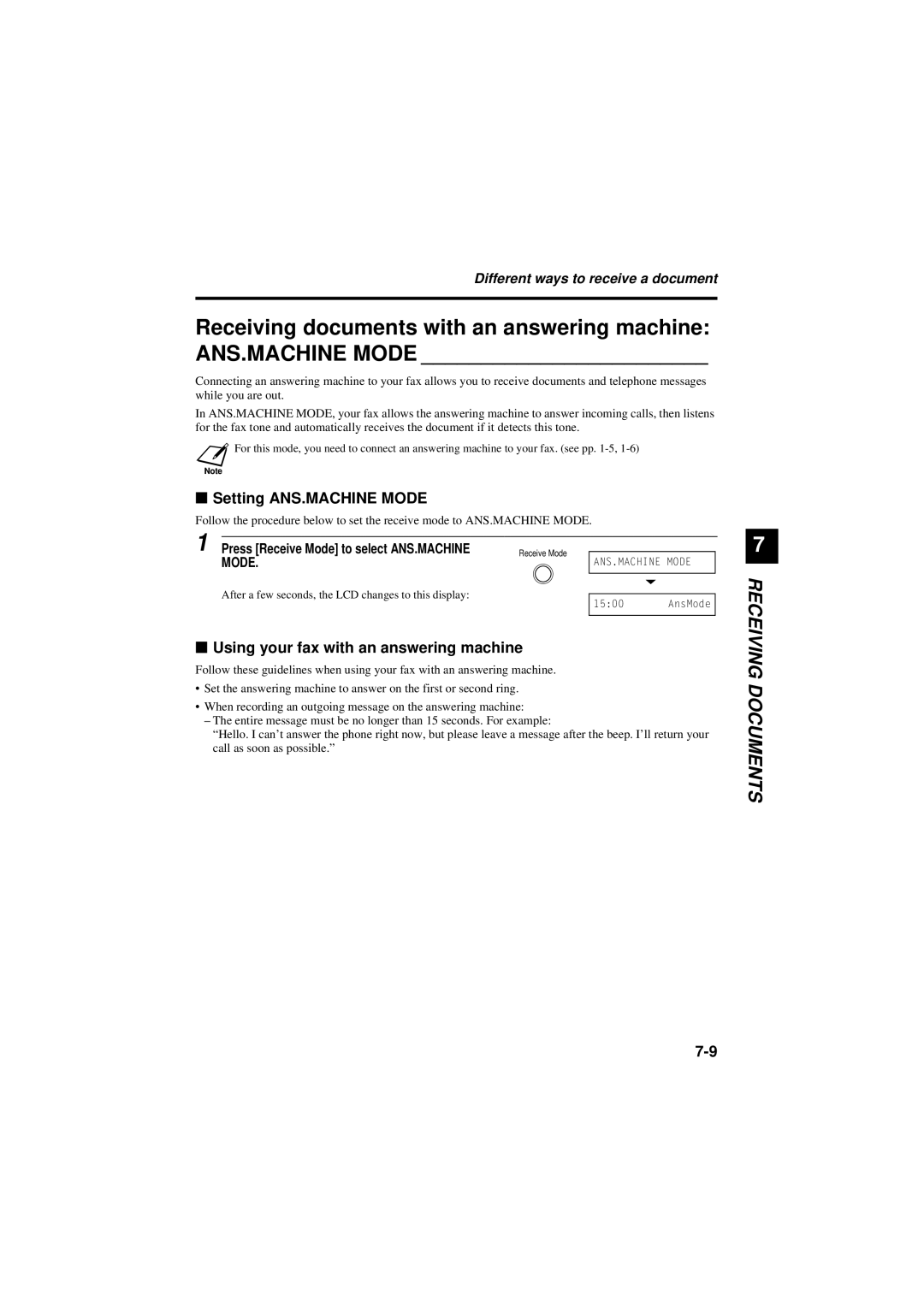 Canon B180C, B160 manual Setting ANS.MACHINE Mode, Using your fax with an answering machine 