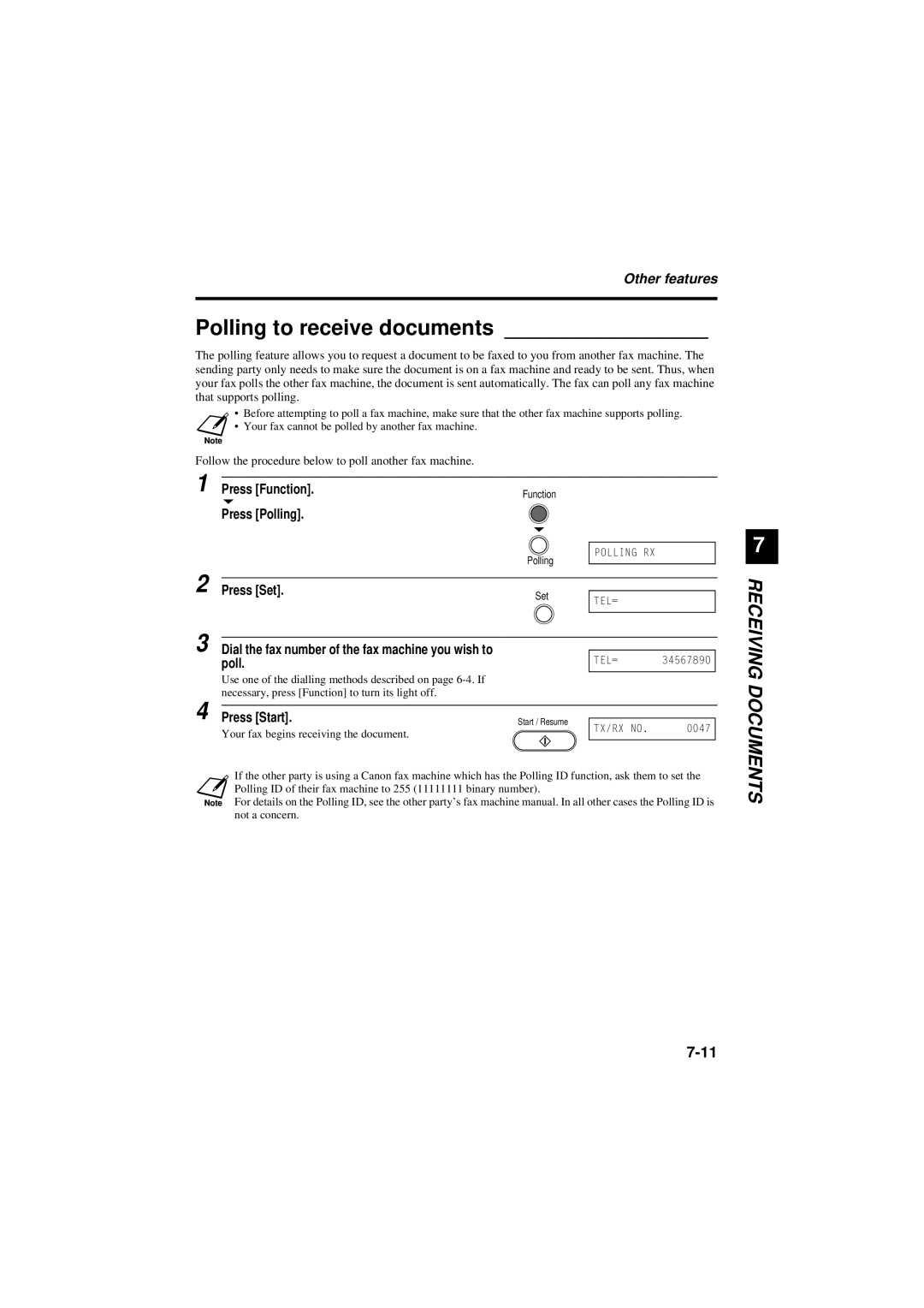 Canon B180C, B160 manual Polling to receive documents, Other features, Press Polling 