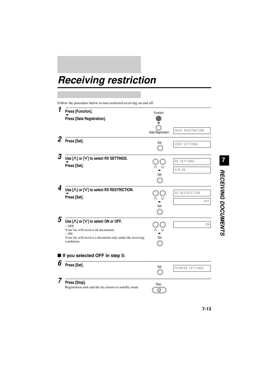 Canon B180C, B160 manual Receiving restriction, If you selected OFF in step, Use u or d to select RX Restriction 