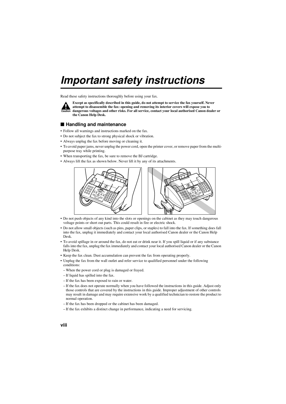 Canon B160, B180C manual Important safety instructions, Handling and maintenance, Viii 