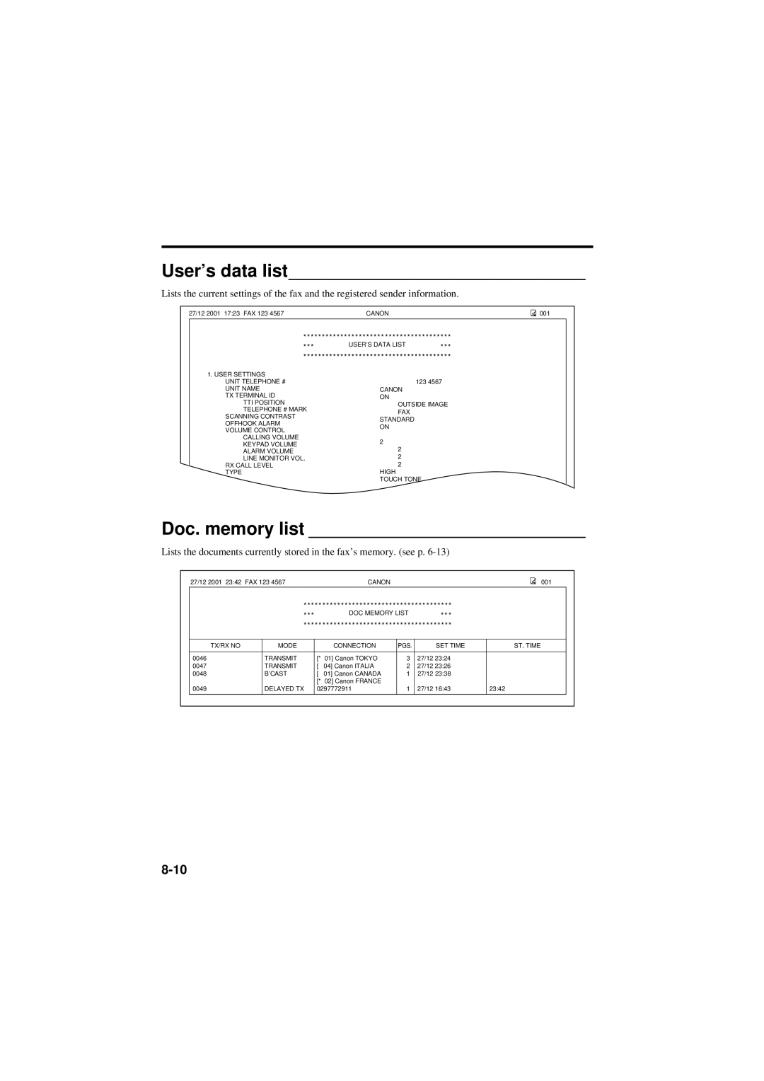 Canon B160, B180C manual User’s data list, Doc. memory list 