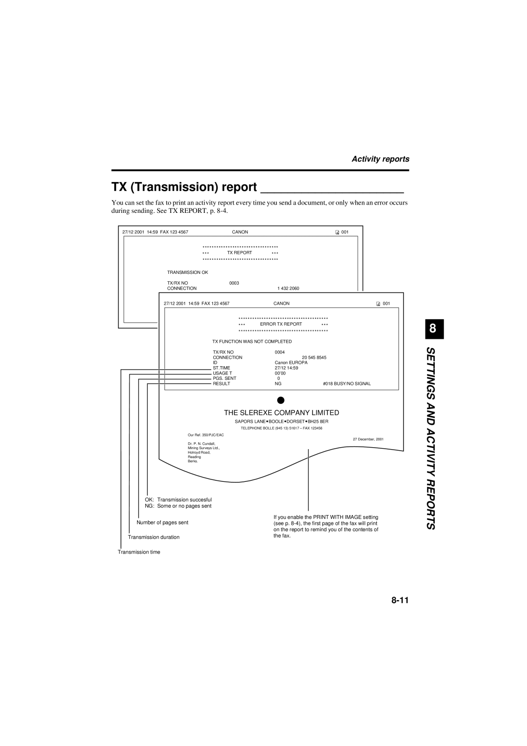 Canon B180C, B160 manual TX Transmission report, Slerexe Company Limited 