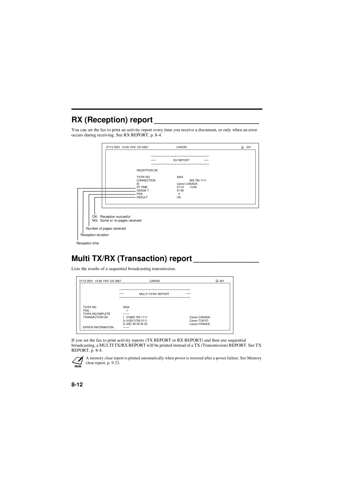 Canon B160, B180C manual RX Reception report, Multi TX/RX Transaction report 