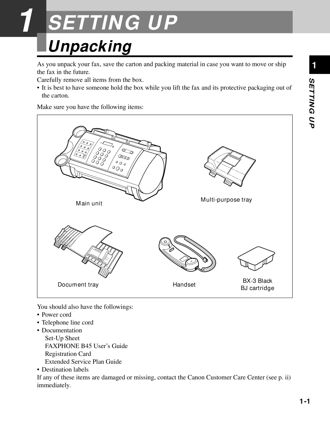 Canon B45 manual Setting UP, Unpacking 