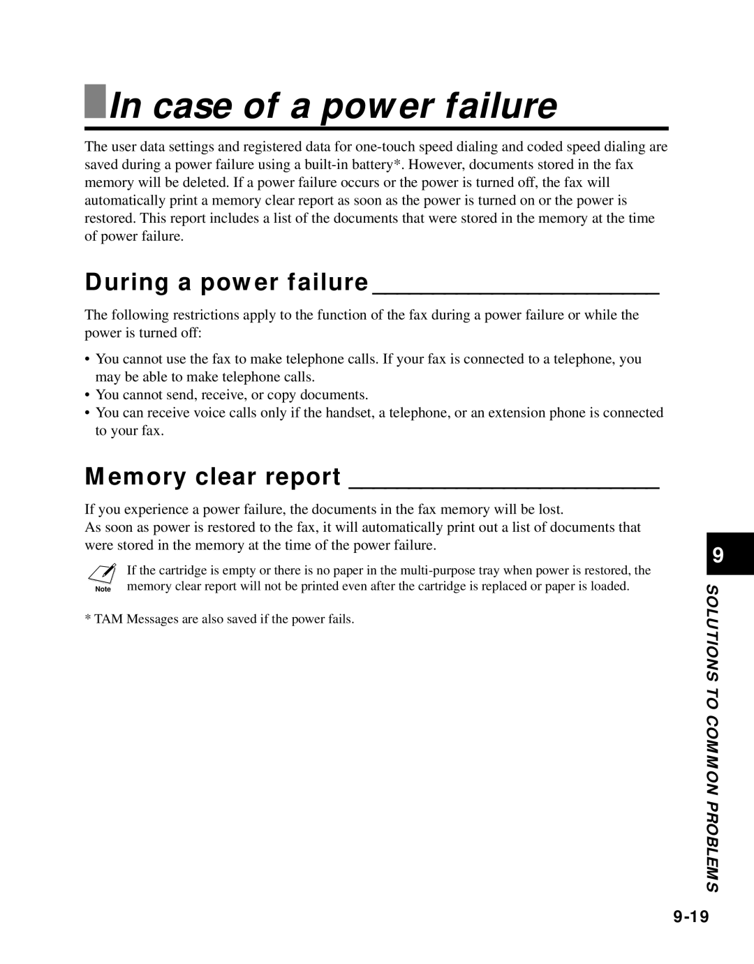 Canon B45 manual Case of a power failure, During a power failure, Memory clear report 