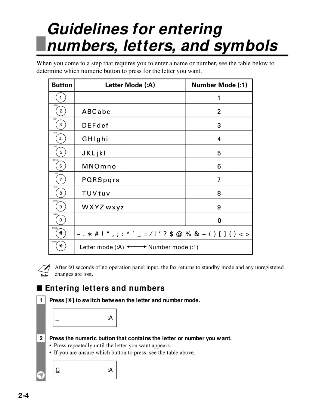 Canon B45 manual Guidelines for entering numbers, letters, and symbols, Entering letters and numbers 