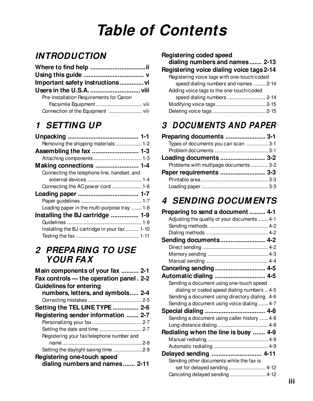 Canon B45 manual Table of Contents 