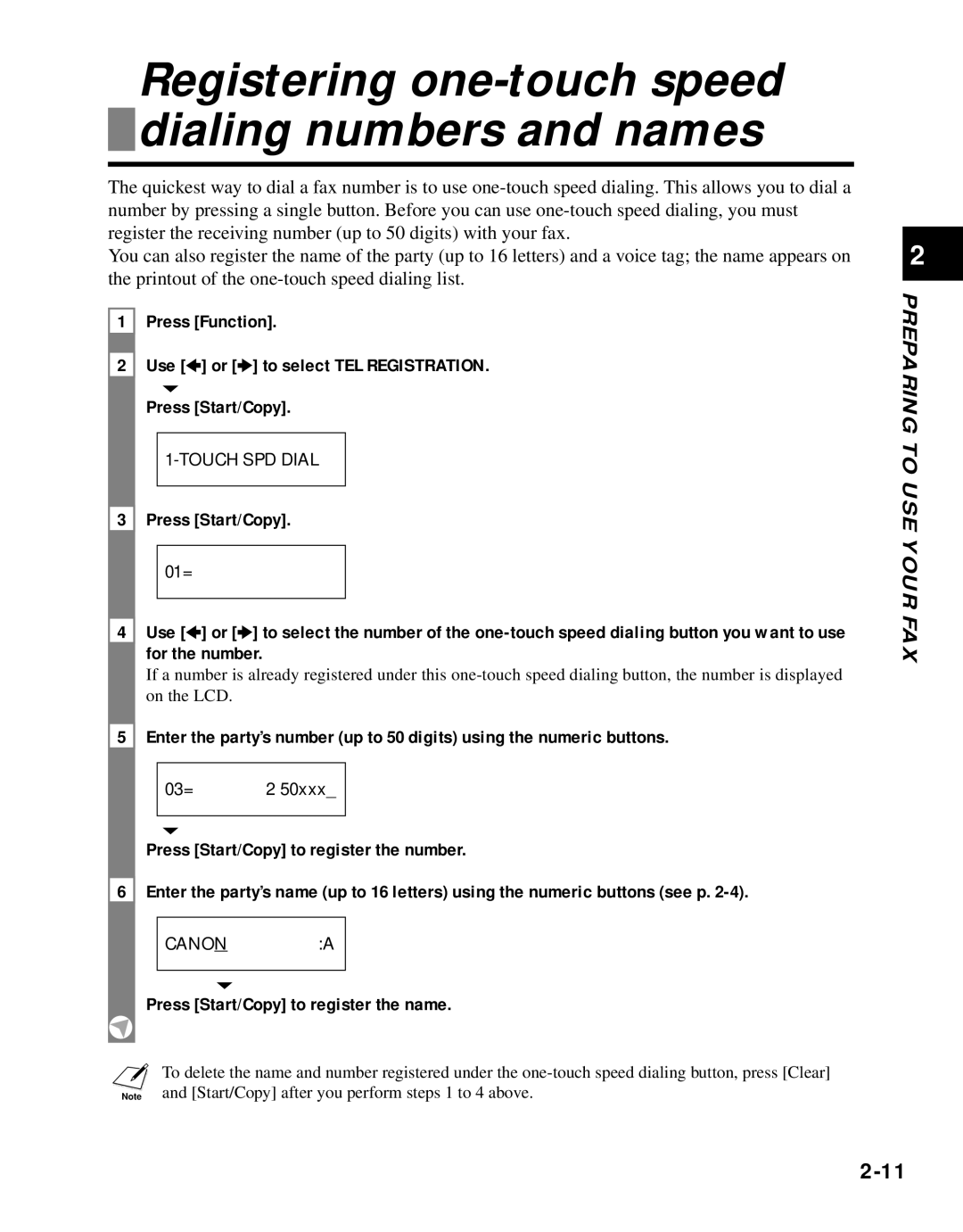 Canon B45 manual Registering one-touch speed dialing numbers and names, Press Start/Copy to register the name 