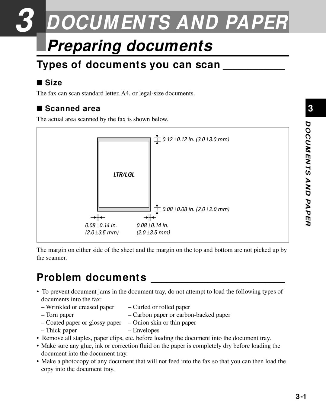 Canon B45 manual Preparing documents, Types of documents you can scan, Problem documents, Size, Scanned area 