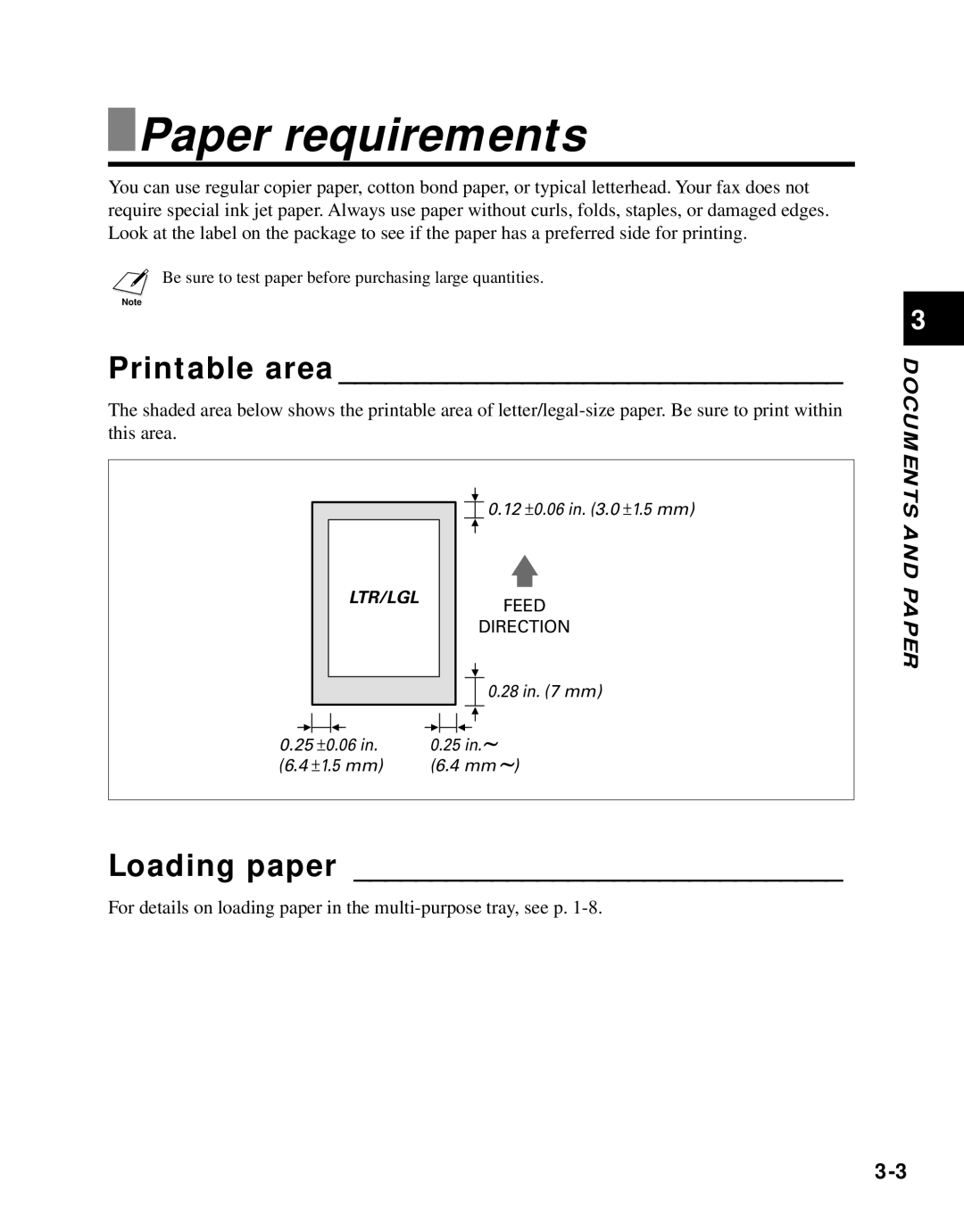 Canon B45 manual Paper requirements, Printable area, Loading paper 