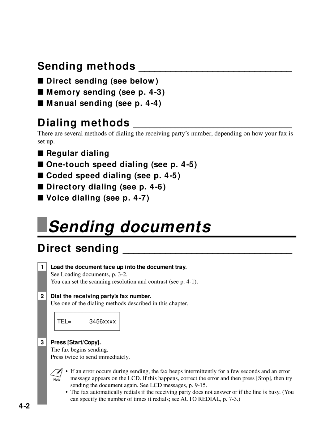 Canon B45 manual Sending documents, Sending methods, Dialing methods, Direct sending, Dial the receiving party’s fax number 