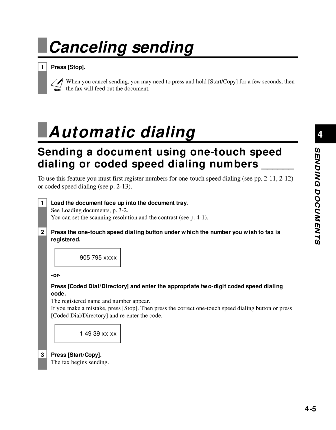 Canon B45 manual Canceling sending, Automatic dialing 