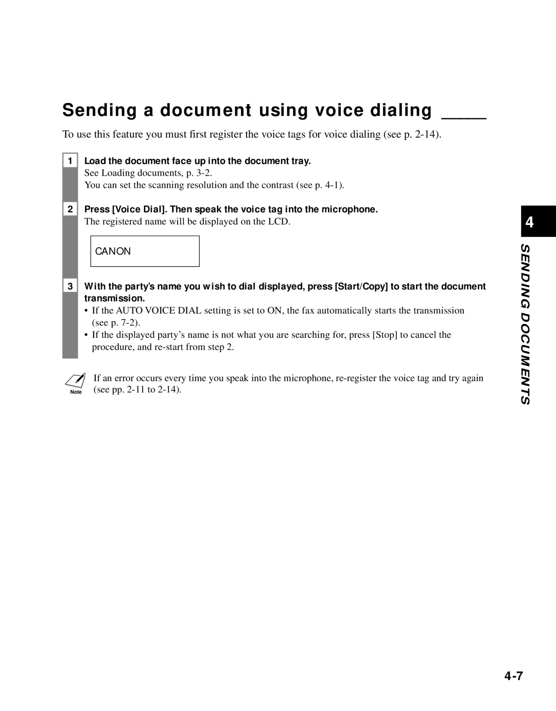 Canon B45 manual Sending a document using voice dialing 