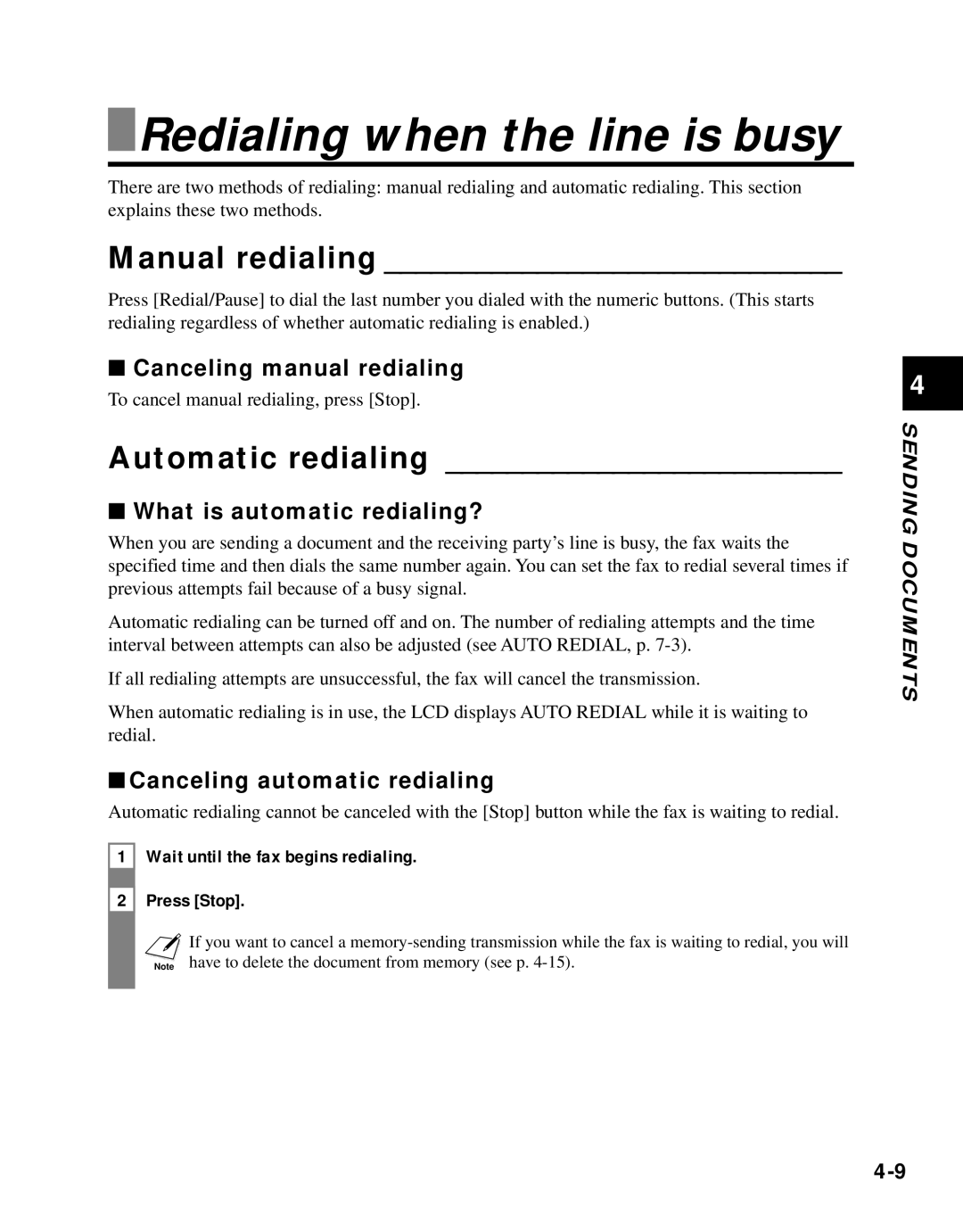 Canon B45 manual Redialing when the line is busy, Manual redialing, Automatic redialing 