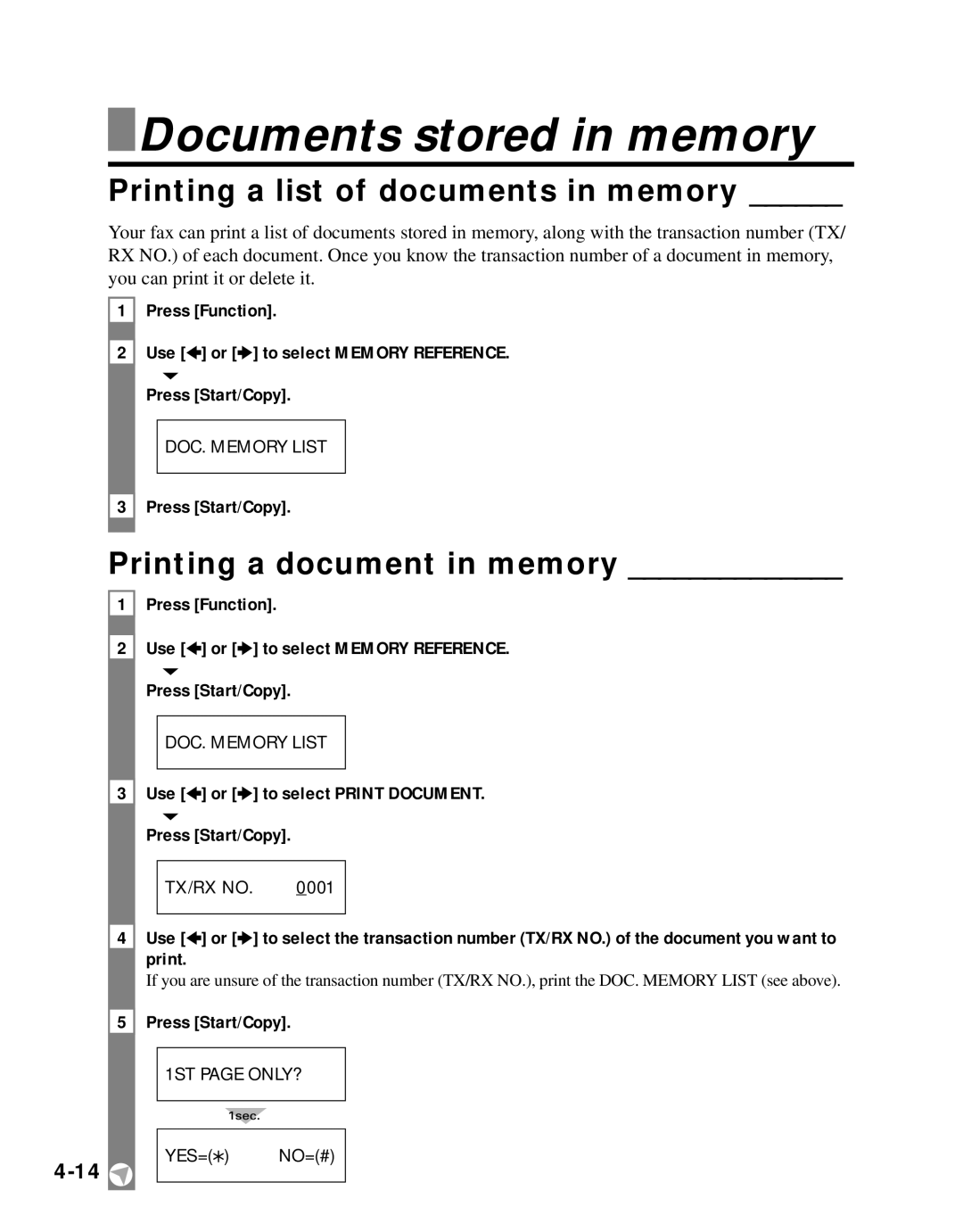 Canon B45 manual Documents stored in memory, Printing a list of documents in memory, Printing a document in memory 