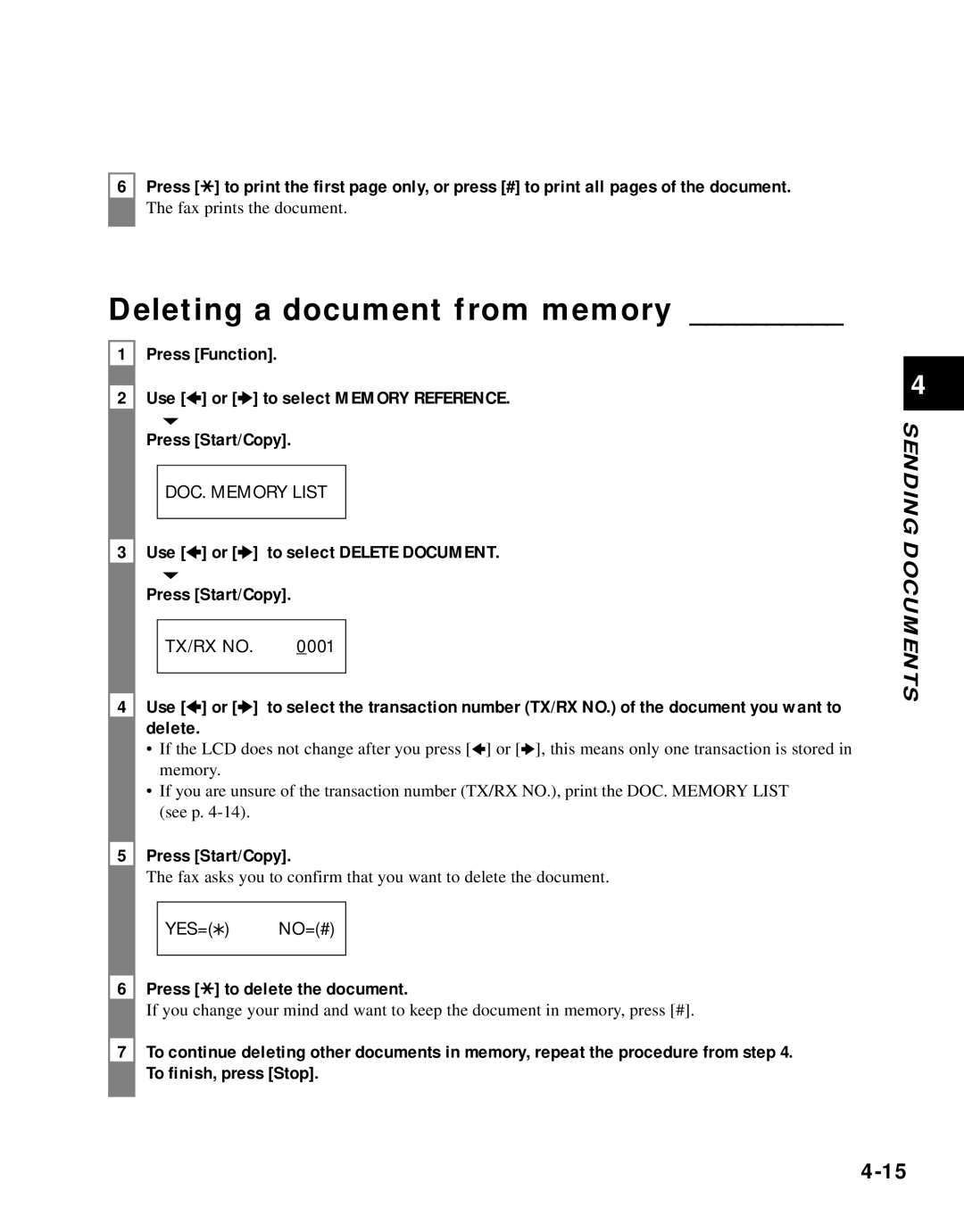 Canon B45 manual Deleting a document from memory, Use 3 or 4 to select Delete Document Press Start/Copy 