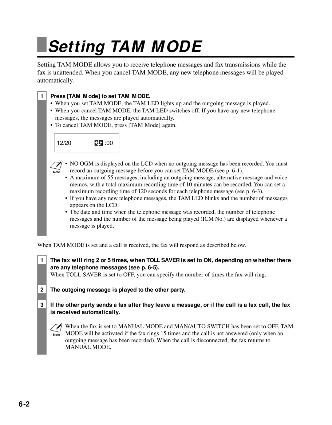 Canon B45 manual Setting TAM Mode, Press TAM Mode to set TAM Mode 