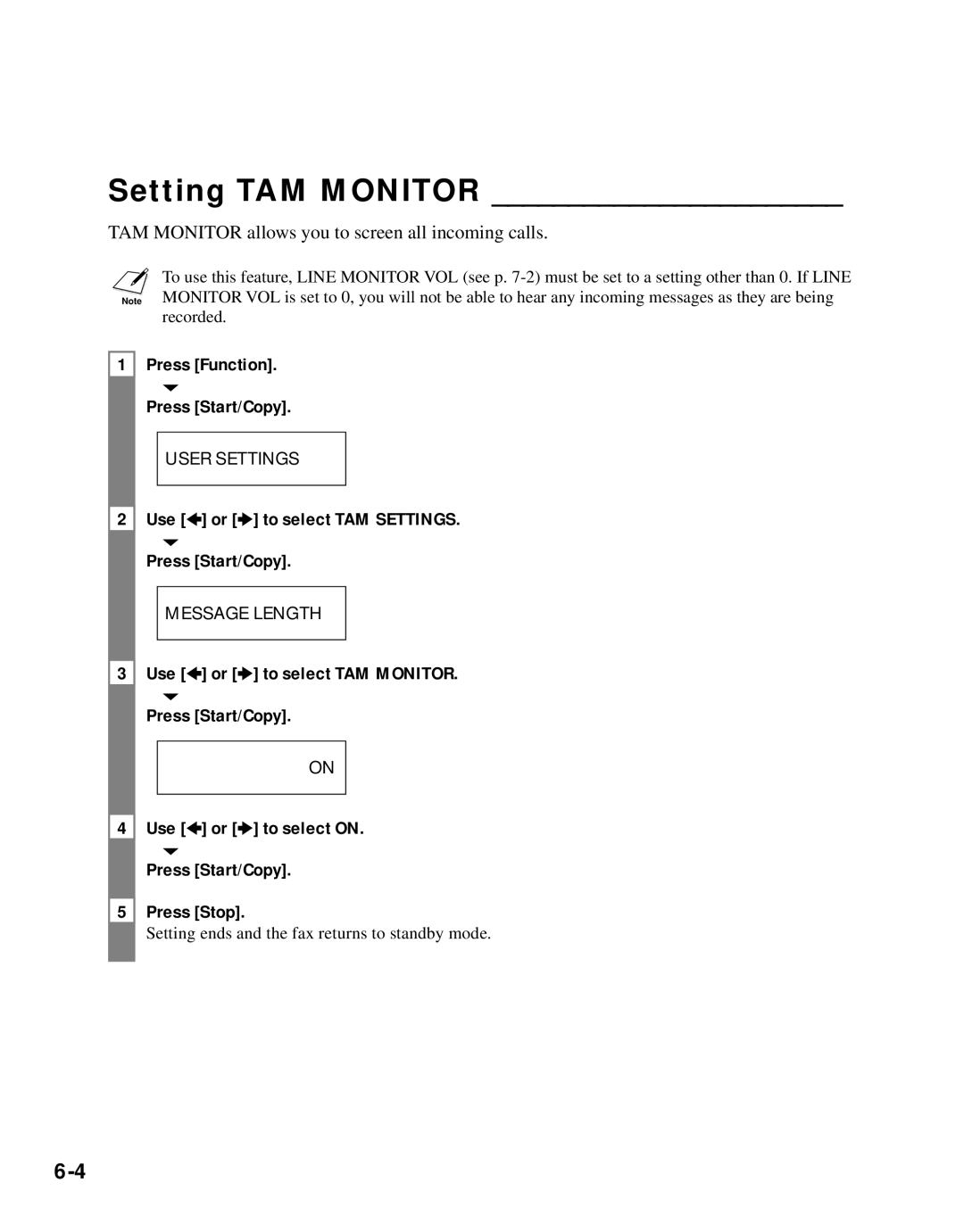 Canon B45 manual Setting TAM Monitor, Use 3 or 4 to select TAM Settings Press Start/Copy 