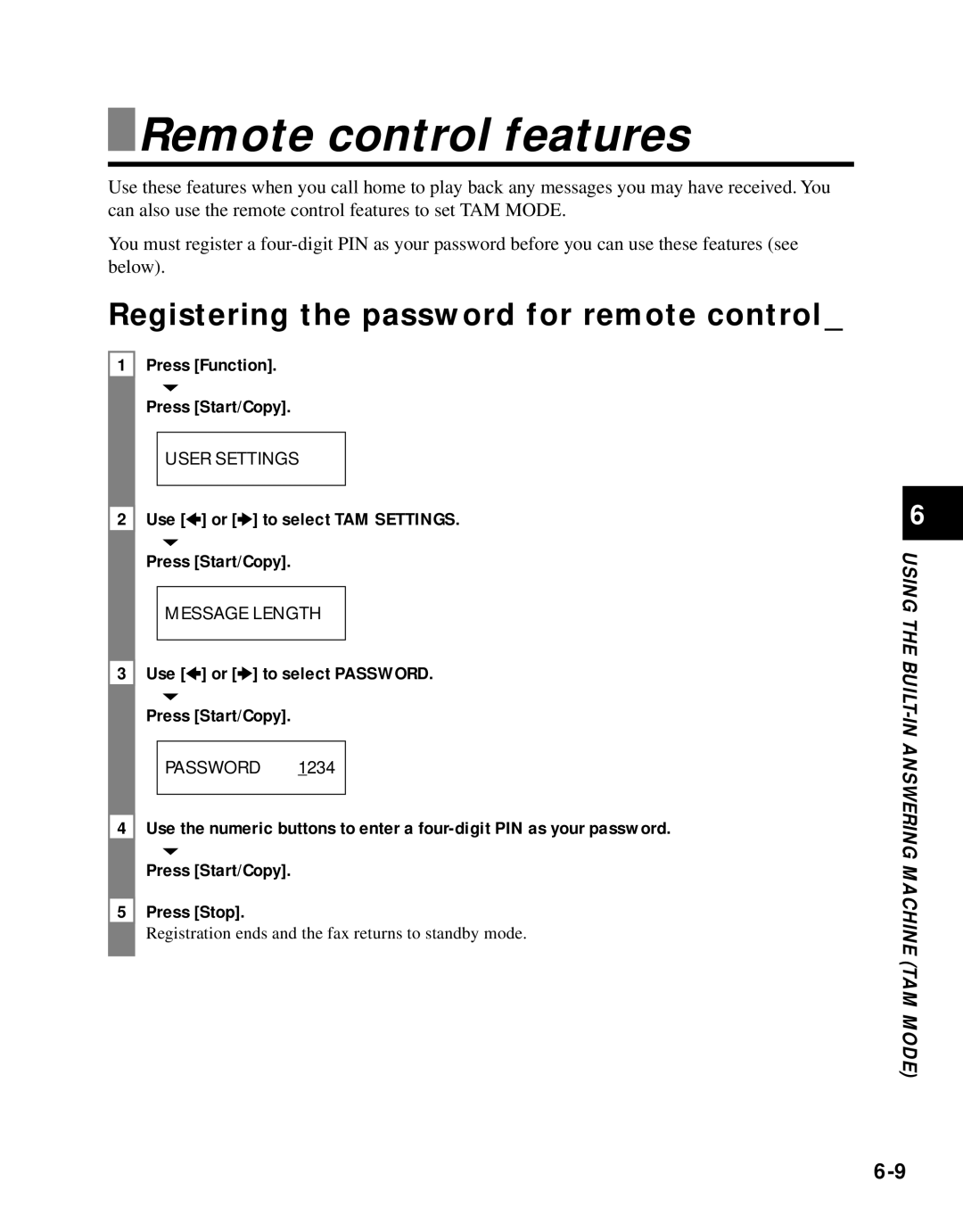 Canon B45 manual Remote control features, Registering the password for remote control 