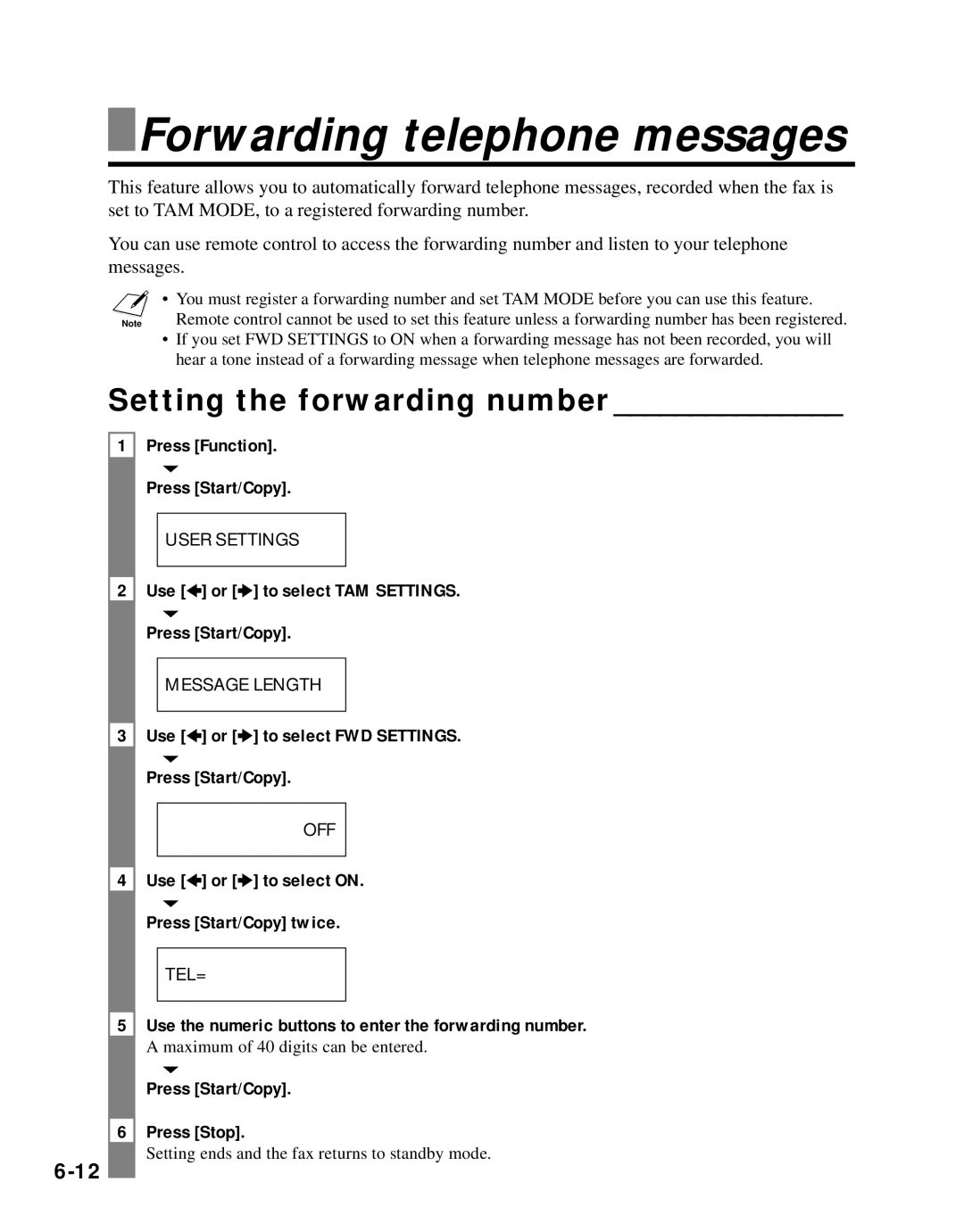 Canon B45 Forwarding telephone messages, Setting the forwarding number, Use 3 or 4 to select FWD Settings Press Start/Copy 