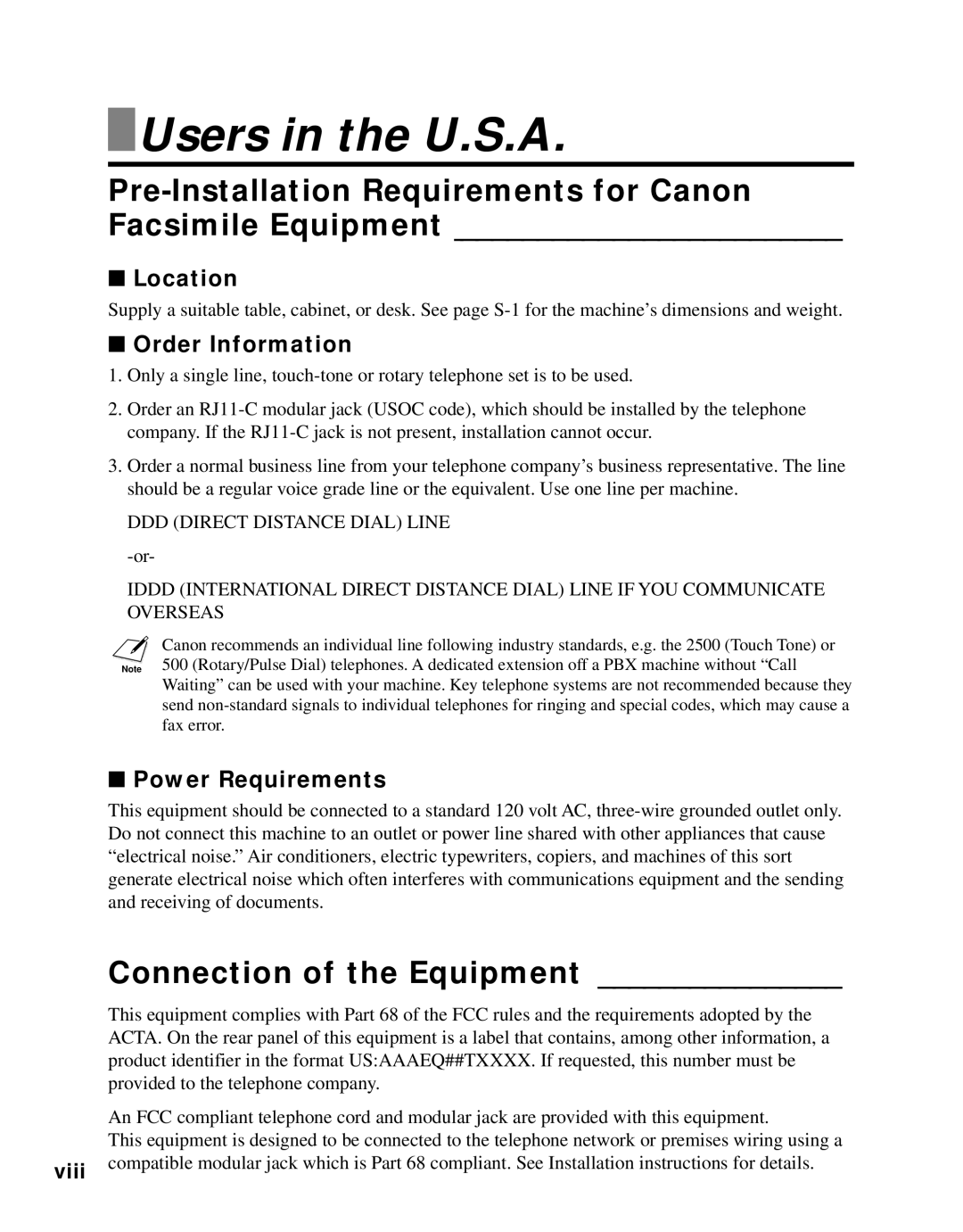 Canon B45 Users in the U.S.A, Pre-Installation Requirements for Canon Facsimile Equipment, Connection of the Equipment 