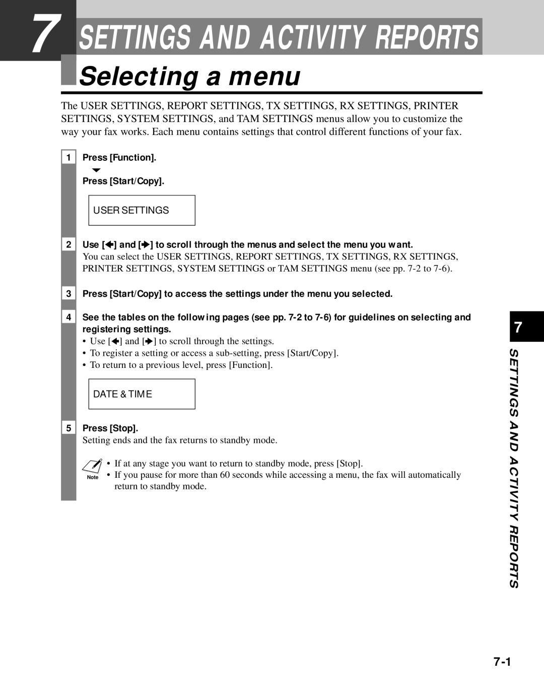 Canon B45 manual Settings and Activity Reports, Selecting a menu 