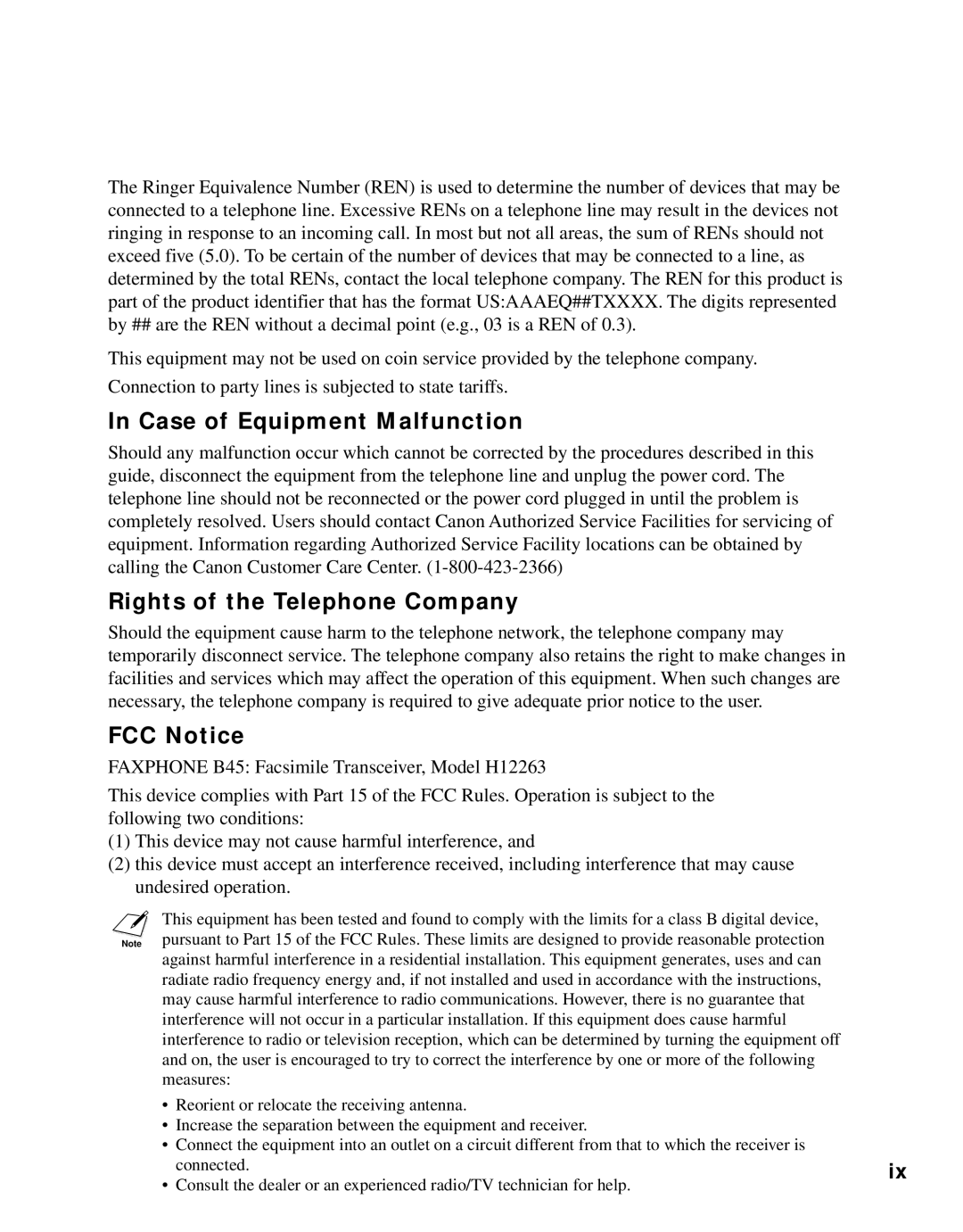 Canon B45 manual Case of Equipment Malfunction, Rights of the Telephone Company, FCC Notice 