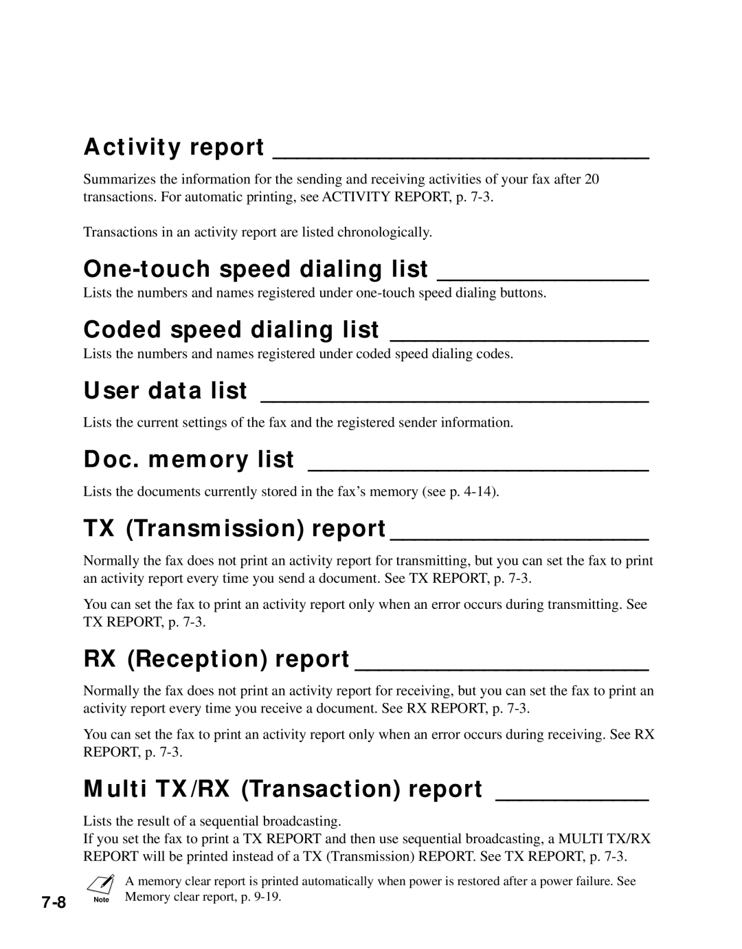 Canon B45 manual Activity report, One-touch speed dialing list, Coded speed dialing list, User data list, Doc. memory list 