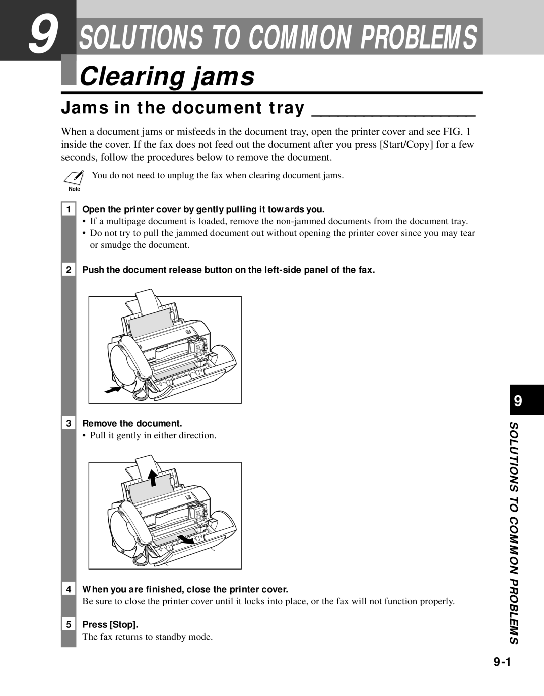 Canon B45 manual Clearing jams, Jams in the document tray, When you are finished, close the printer cover 