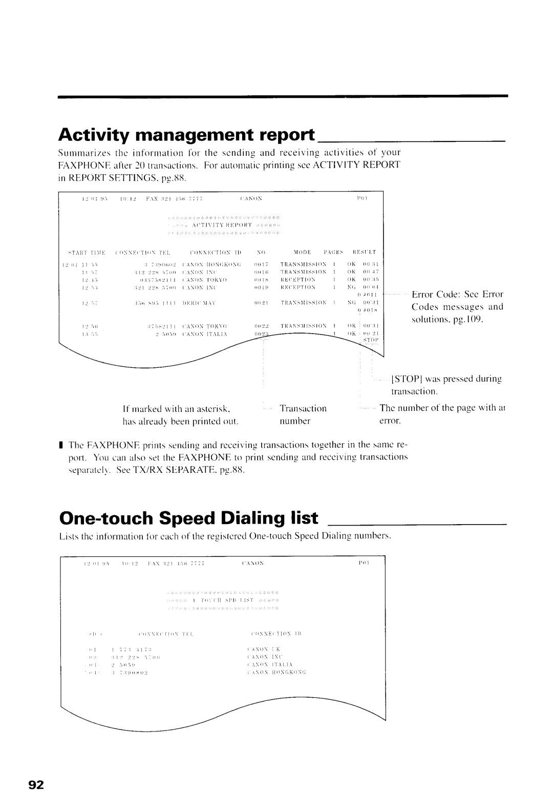 Canon B550, B540 manual Activity management report, One-touch Speed Dialing list 