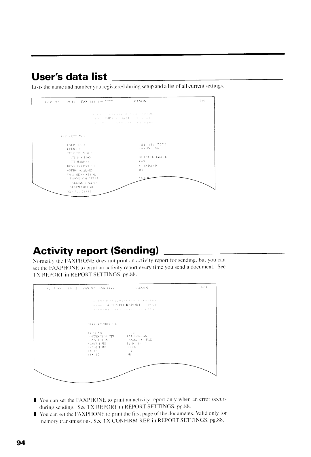 Canon B550, B540 manual Usersdata list, Activity report Sending 