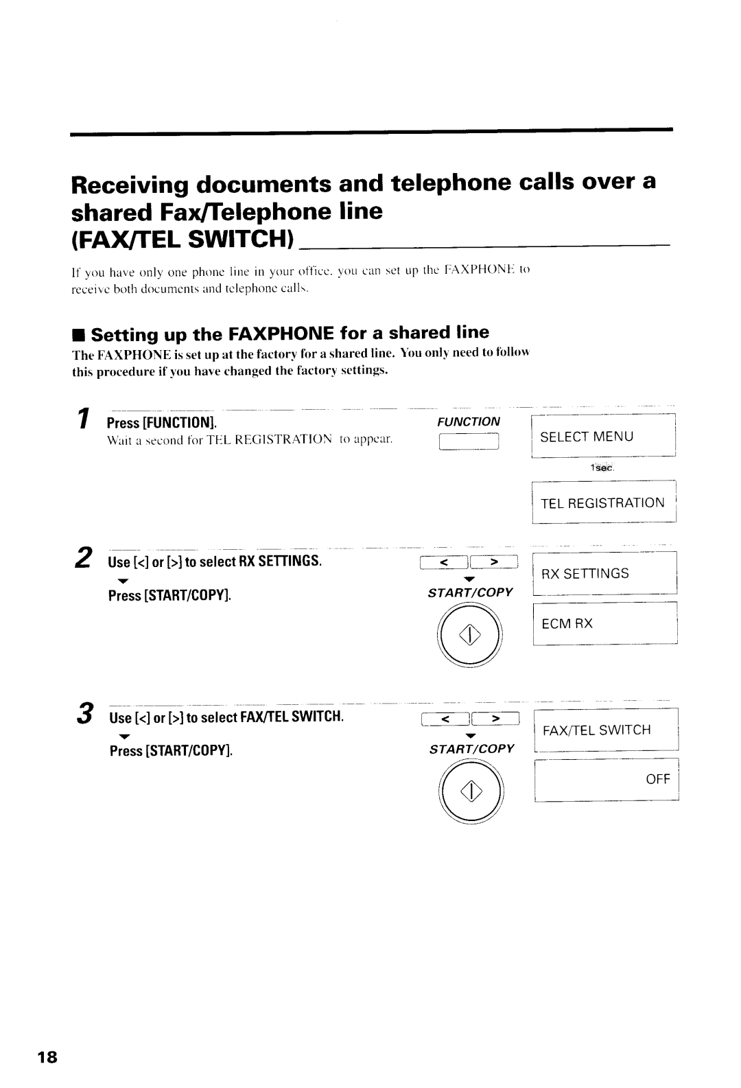 Canon B550, B540 manual Setting up the Faxphone for a shared line, Ltl- l, Sraaircopv, Use or SelectRXSETTINGS 