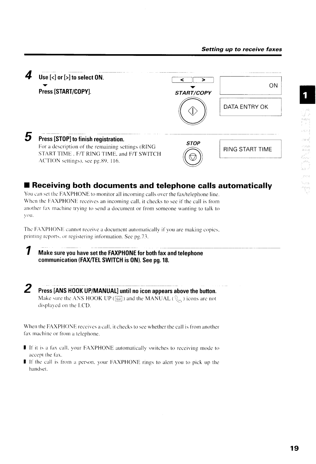 Canon B540 Receiving both documents and telephone calls automatically, PressISTART/C0PY, Useortoselect0N, @ Ringstarttime 