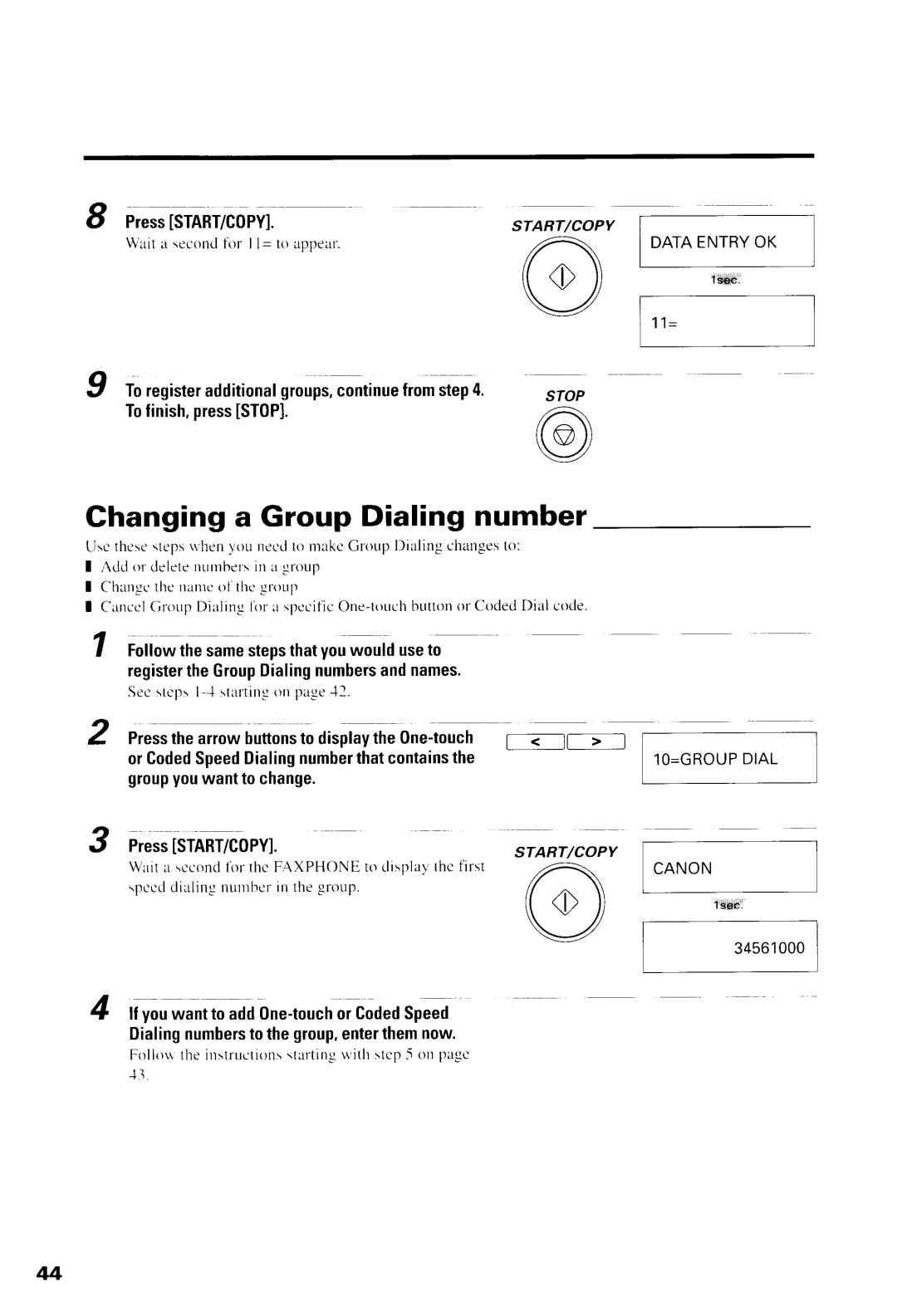 Canon B550, B540 Ghanginga Group Dialing number, PressSTART/COPY, Toregisteradditionalgroups,continueftomstep4, Lf-l-l 