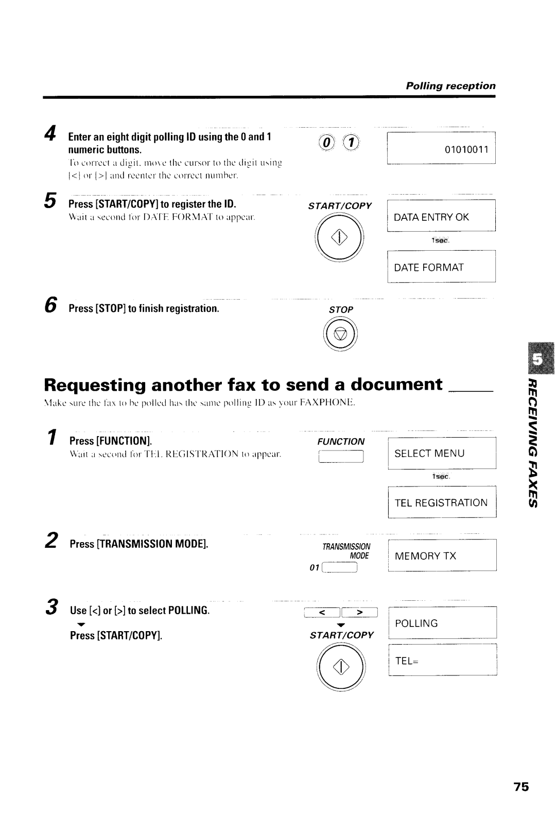 Canon B540, B550 Requesting another fax to send a document, PressIFUNCTI0N, 01a UseortoselectP0LLING, Piss TSTART/O0PYl 