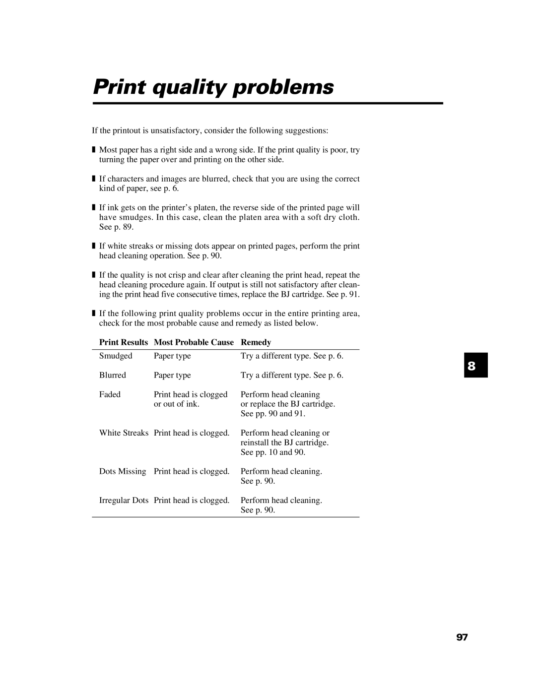 Canon B640 manual Print quality problems, Print Results Most Probable Cause Remedy 