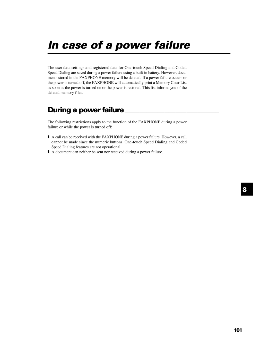 Canon B640 manual Case of a power failure, During a power failure 