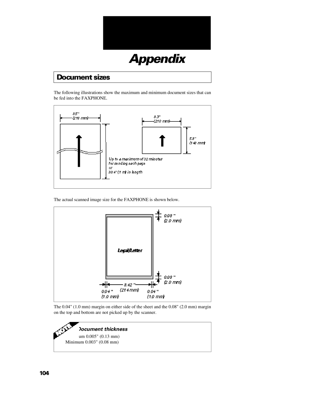 Canon B640 manual Appendix, Document sizes 