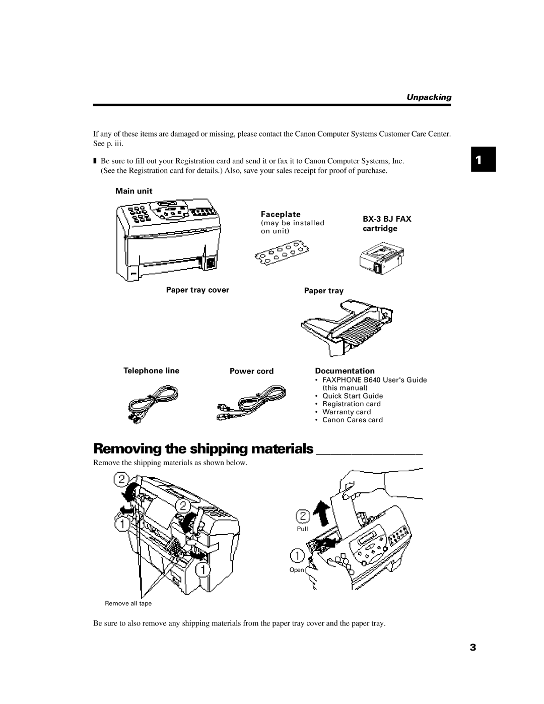 Canon B640 manual Removing the shipping materials, Unpacking 