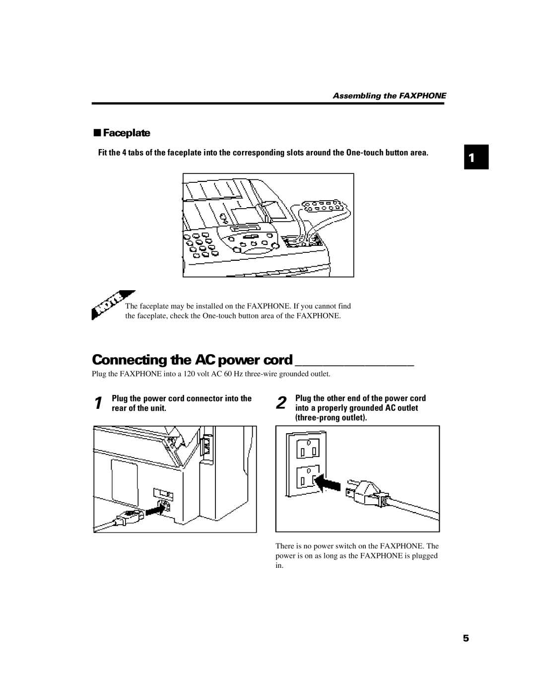 Canon B640 manual Connecting the AC power cord, Faceplate, Rear of the unit 