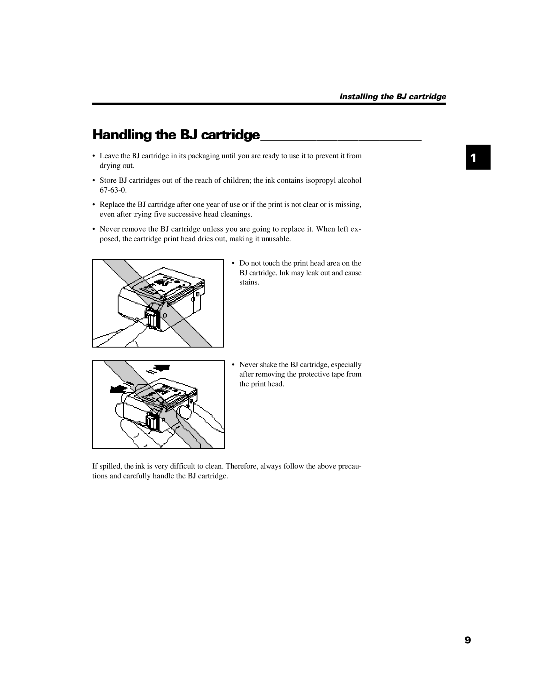 Canon B640 manual Handling the BJ cartridge 