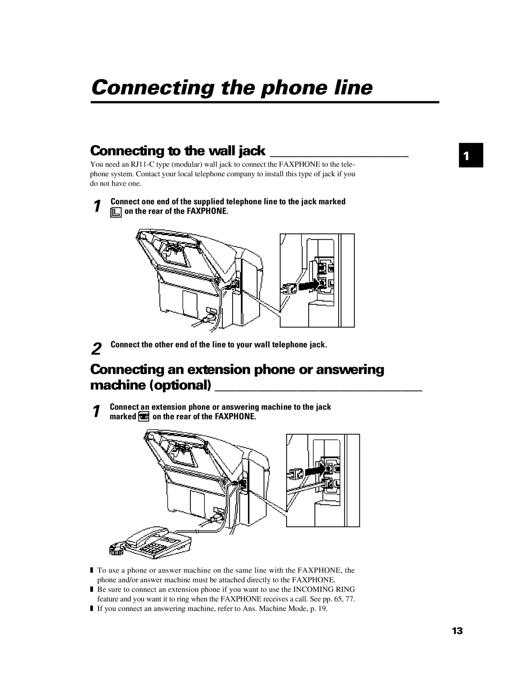 Canon B640 manual Connecting the phone line, Connecting to the wall jack 