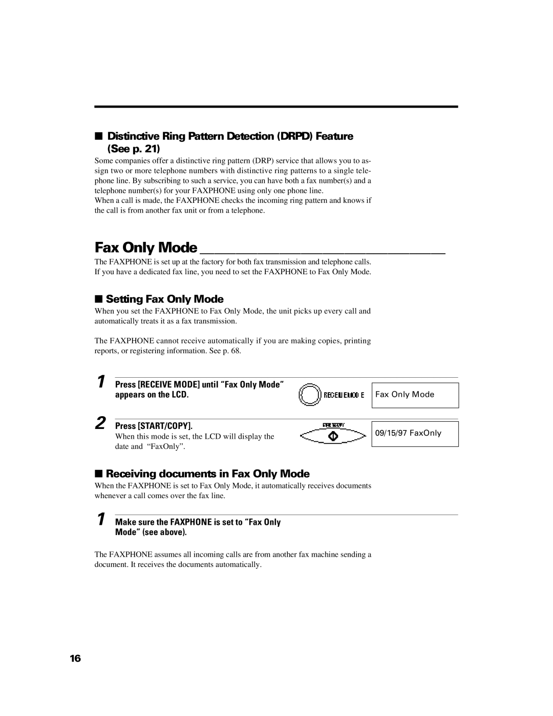 Canon B640 manual Distinctive Ring Pattern Detection Drpd Feature See p, Setting Fax Only Mode 