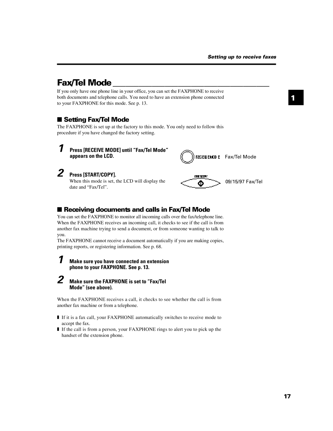 Canon B640 manual Setting Fax/Tel Mode, Receiving documents and calls in Fax/Tel Mode 