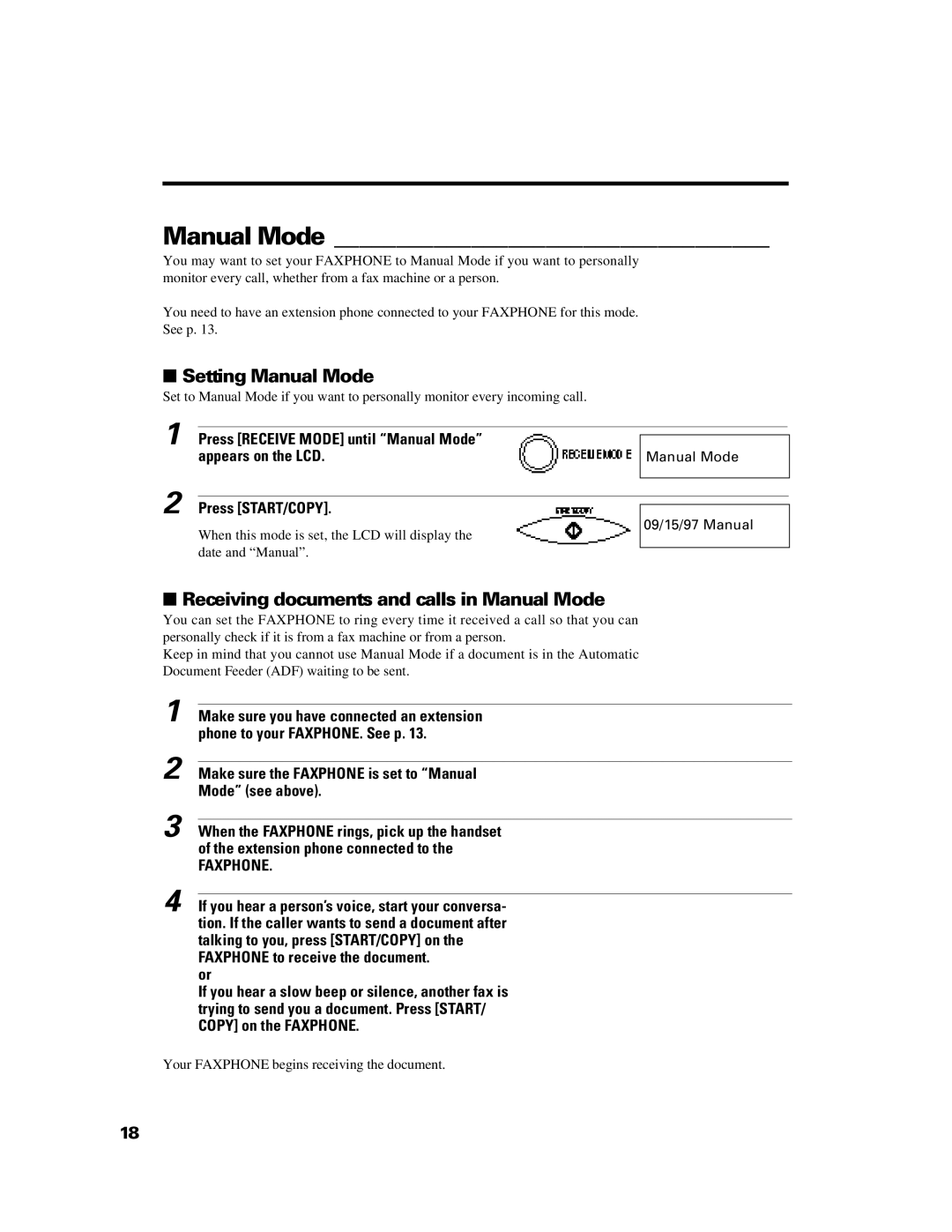 Canon B640 manual Setting Manual Mode, Receiving documents and calls in Manual Mode 