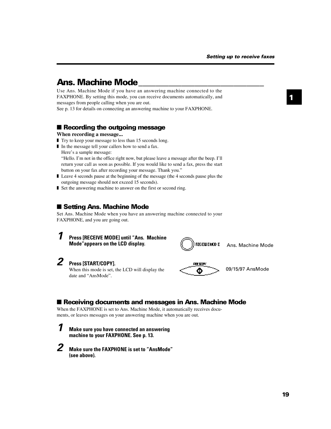 Canon B640 manual Recording the outgoing message, Setting Ans. Machine Mode 