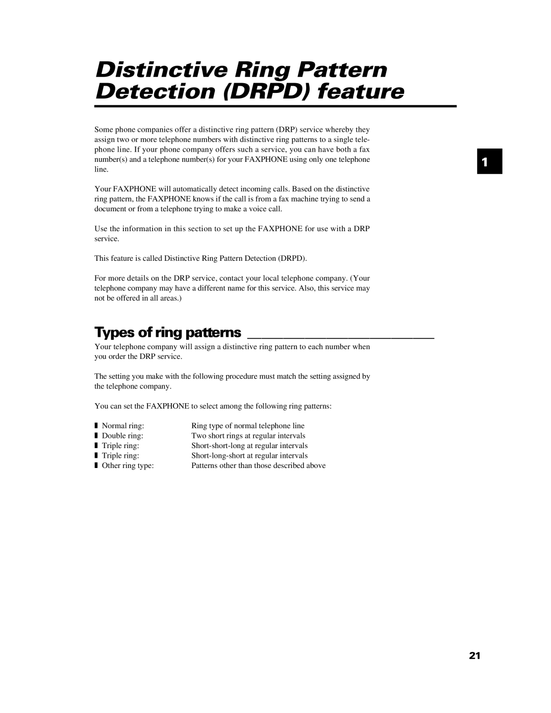 Canon B640 manual Distinctive Ring Pattern Detection Drpd feature, Types of ring patterns 