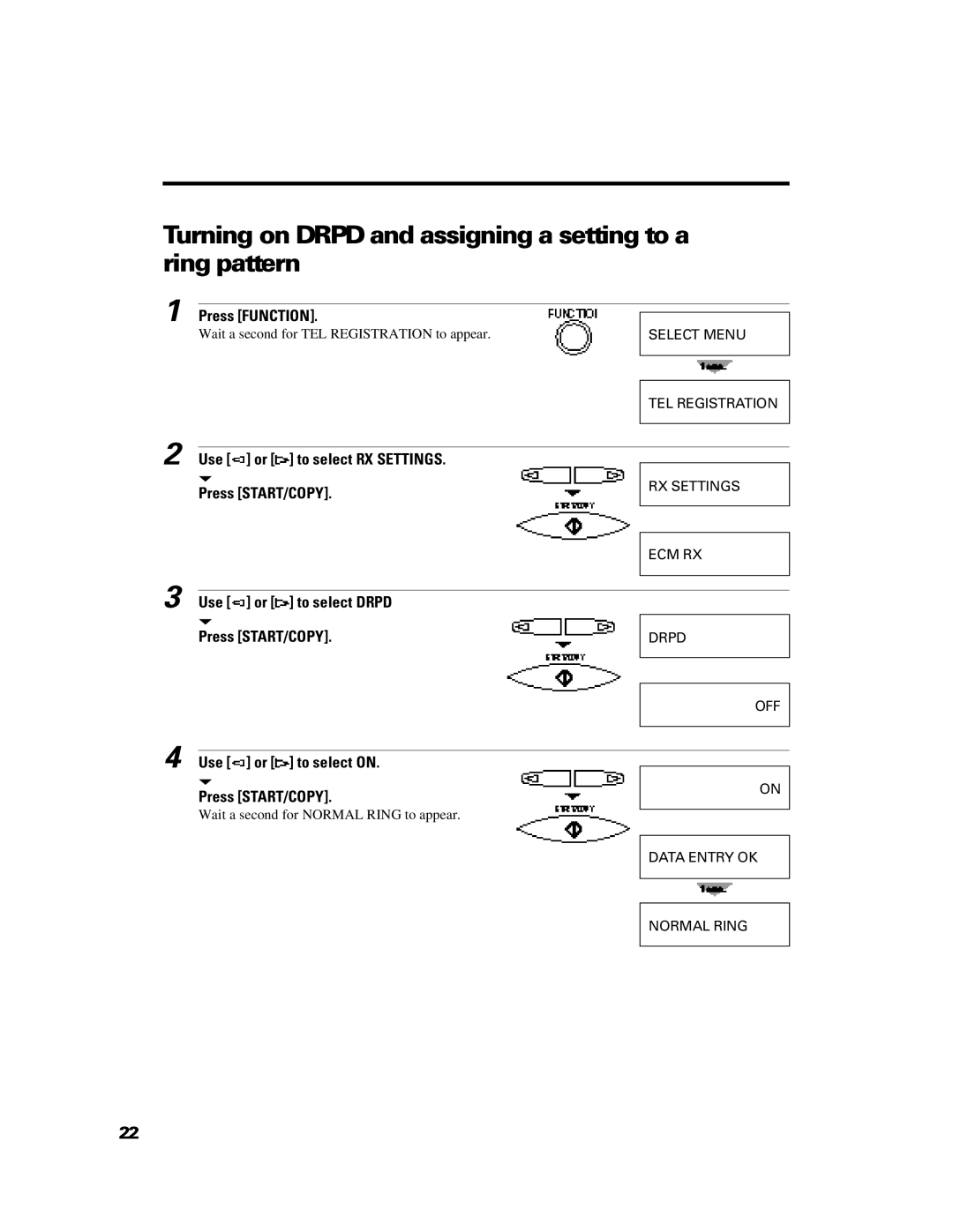 Canon B640 manual Turning on Drpd and assigning a setting to a ring pattern, Use or to select RX Settings Press START/COPY 