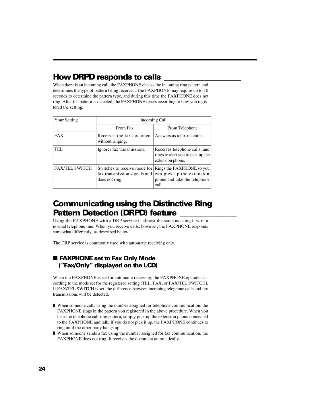 Canon B640 manual How Drpd responds to calls, Faxphone set to Fax Only Mode Fax/Only displayed on the LCD 