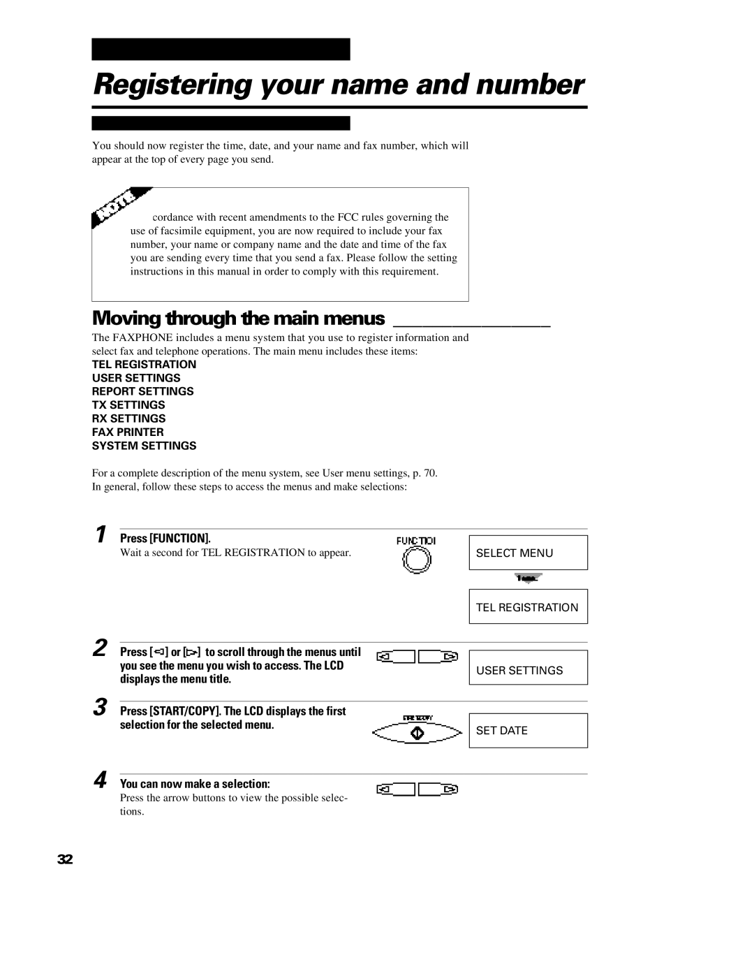 Canon B640 manual Registering your name and number, Moving through the main menus, Displays the menu title 